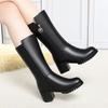 Fashion Autumn Winter Black Leather Fleece-Lined Half High Boots for Women Elegant Heeled Mid Calf Shoes Woman Goth Chic Footwear Sale