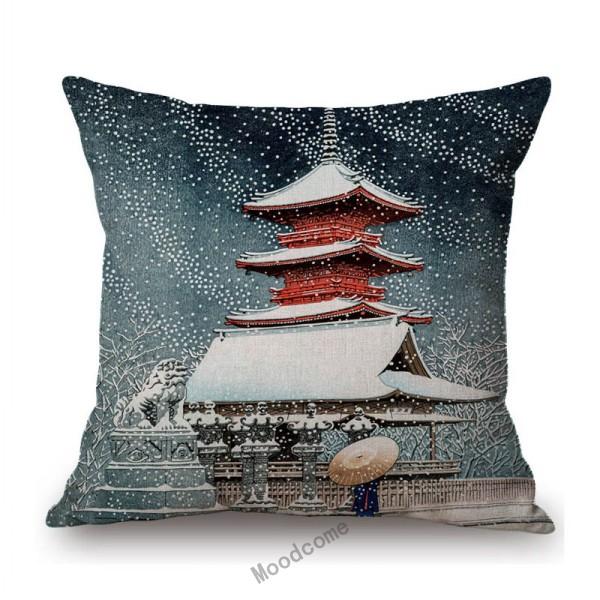 Kawase Hasui-Japanese Woodblock Pillow Case Ukiyo Mount Fuji Temple Beautiful Scenic Art Home Decorative Sofa Car Cushion Cover