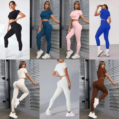 JYL Ribbed Seamless Yoga Set Short Sleeve Hip Lifting Pan