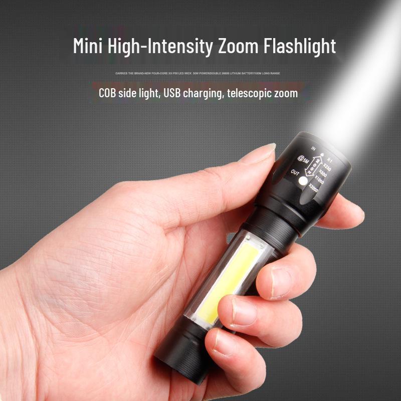 Rechargeable High-Power Outdoor LED Flashlight - Super Bright, Long-Range, Lightweight, Portable, with Zoom and Dimming Features.