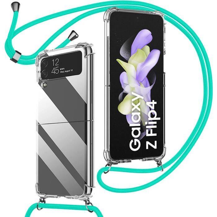 Coque - Samsung - Galaxy Z Flip 4 - Silicone Antichoc - Transparent - Cordon Turquoise