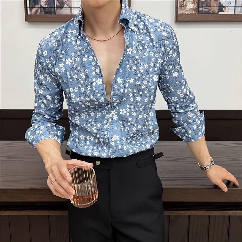 Sprig Autumn Men's Casual Shirts Fashion Print Long Sleeve Floral Shirts For Men Clothing Slim Fit Shirt Men