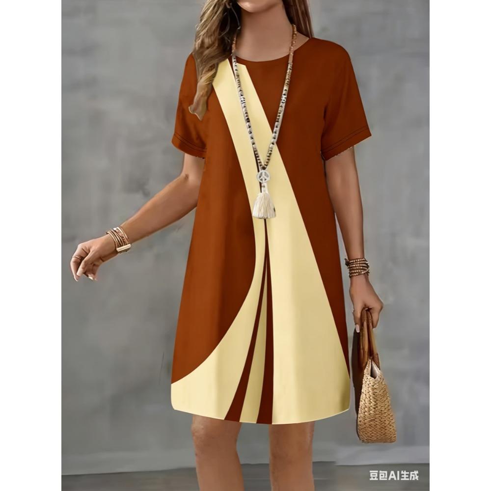 Short-sleeved round-neck striped pattern 3D printed women's fashionable mini dress