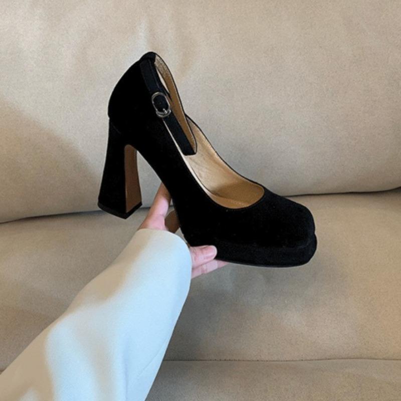 Women's Thick Heel Shoes Autumn New Square Head Shallow Mouth Suede Thick Sole Anti-slip Wear-resistant High Heels