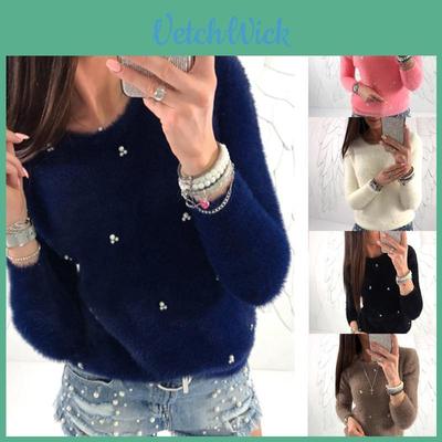Luxurious Women Plush Beaded Sweater Casual Solid Color Spring Winter Fur Sweatshirt