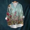 Women's Loose Ruffled Retro Floral Print Stand Collar Long Sleeve Cotton And Linen Top
