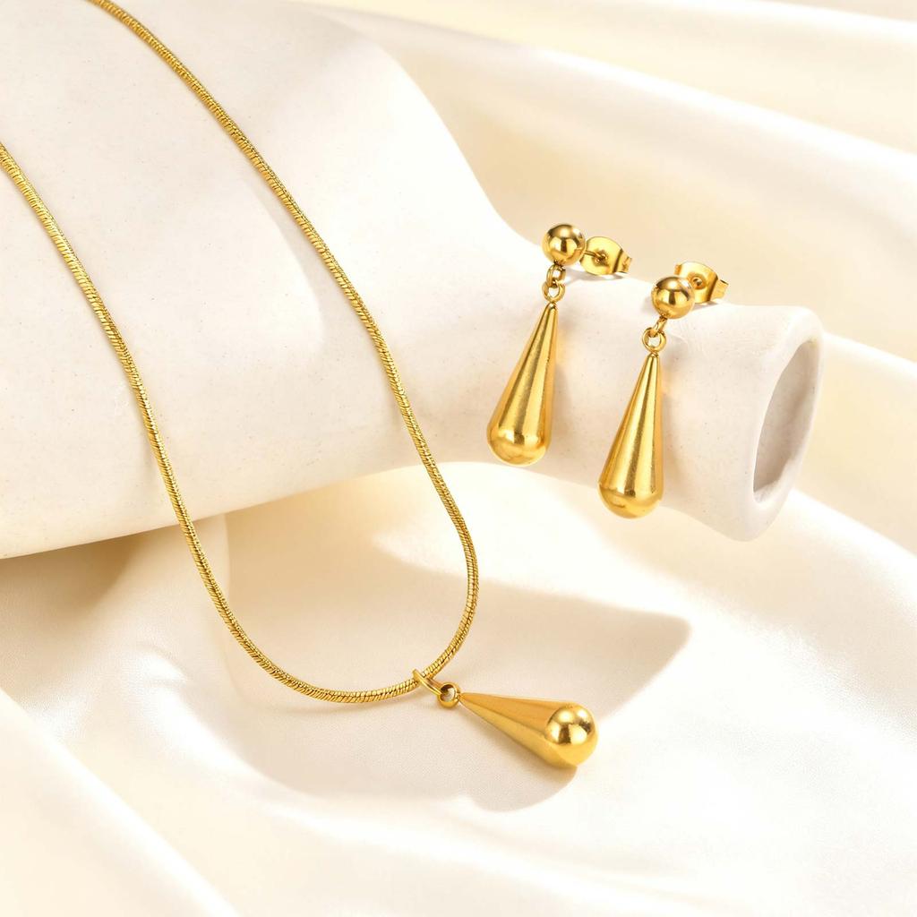 High Polished Waterdrop Pendant Earrings Necklace Set Stainless Steel 18K Gold Plated Waterproof Luxury Jewelry for Women Gift