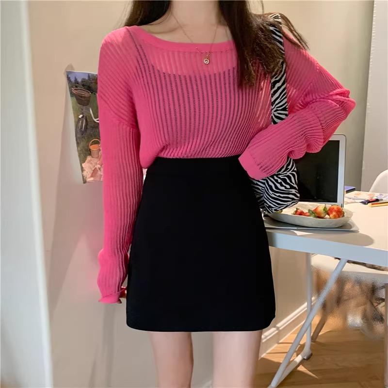2024 Summer High-Waist Black A-line Midi Skirt - Slimming, Casual Bodycon for Women