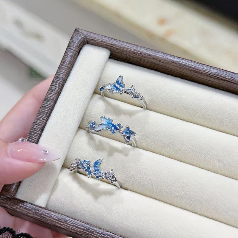 Blue Enamel Oil Drop Butterfly Open Ring Full Of Diamonds Zircon Light Luxury High Sense Super Fairy Flash White Ring Woman