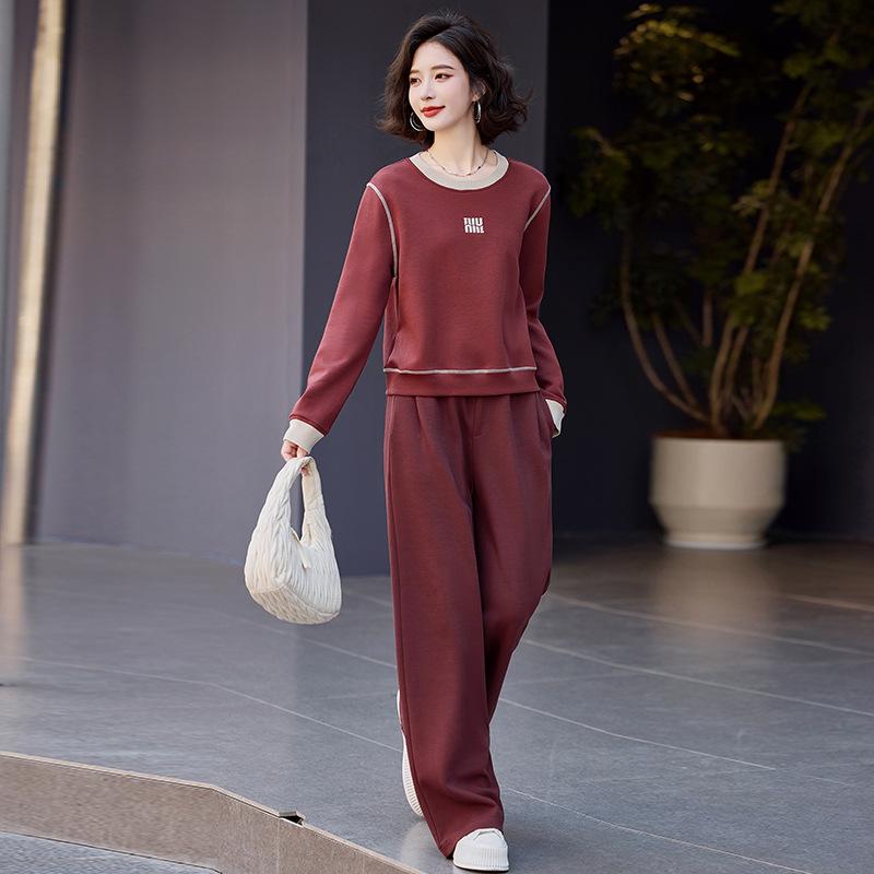 

Весенне-осенний модный комплект свитера с круглым вырезом, красный повседневный спортивный костюм Ankola, женский комплект из двух предметов с прямыми брюками XL [Recommended 120~ 67.5kg]