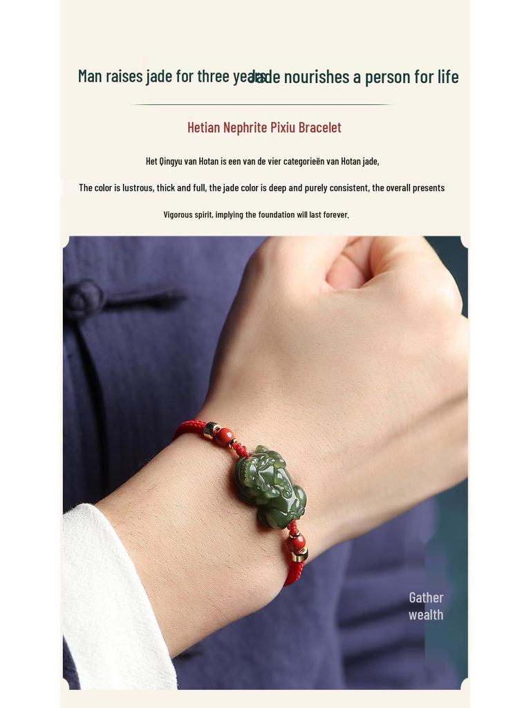 Hetian Jade Välgångsdragande Pixiu Berlockarmband för Par - Jade och Pärlbesatt Handrep Smycken för Kvinnor och Män.