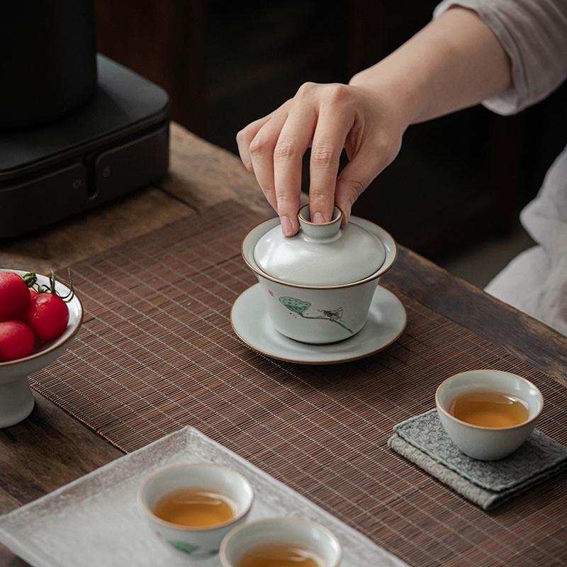 160ml Ru Kiln Covered Bowl Vintage Tea Ceremony Bowl Ceramic Tea Brewing Bowl