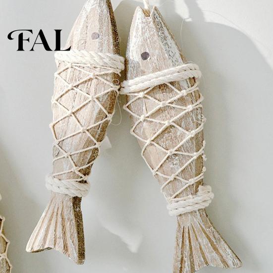 Creative Beach House Decor Rustic Nautical Wooden Fish Decor, Coastal Style Wall Hanging Marine Nursery Ornament with Fishing Net for Lake House,