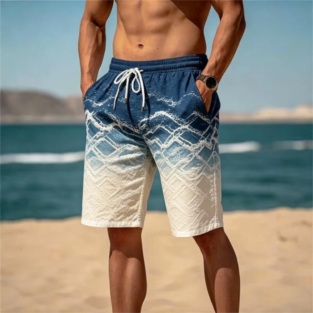 Men's gradient geometric print quick drying beach shorts, breathable and fashionable, suitable for all summer occasions.