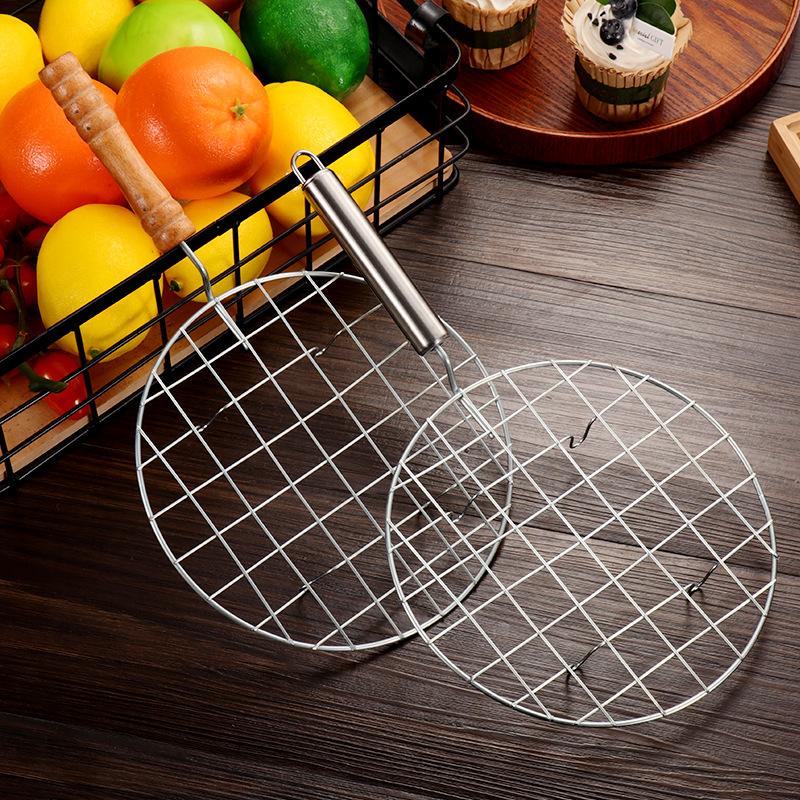 Round Stainless Steel Handle Barbecue Mesh for Outdoor Camping Grilled Fish and Meat Thickened with Handle Barbecue
