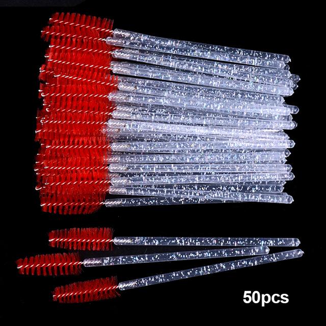 Shiny Crystal Disposable Eyelash Applicator 50pcs/Bag with Nylon Mascara Wands Spoolie Brushes for Lash Extension & Makeup Tools