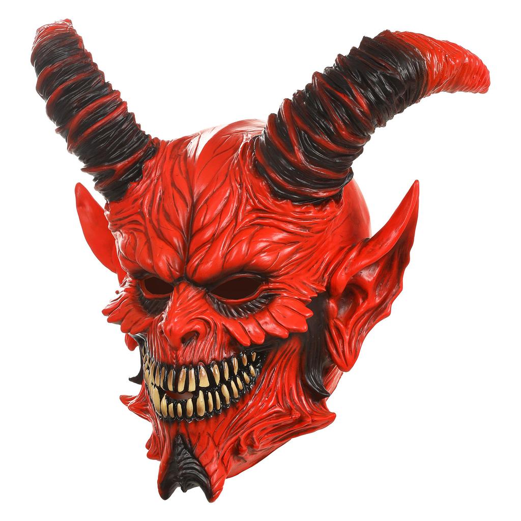 Halloween Red Demon Mask Full Head Cover Latex Devil Costume Horns Cosplay Horror Party Fancy Dress Prop