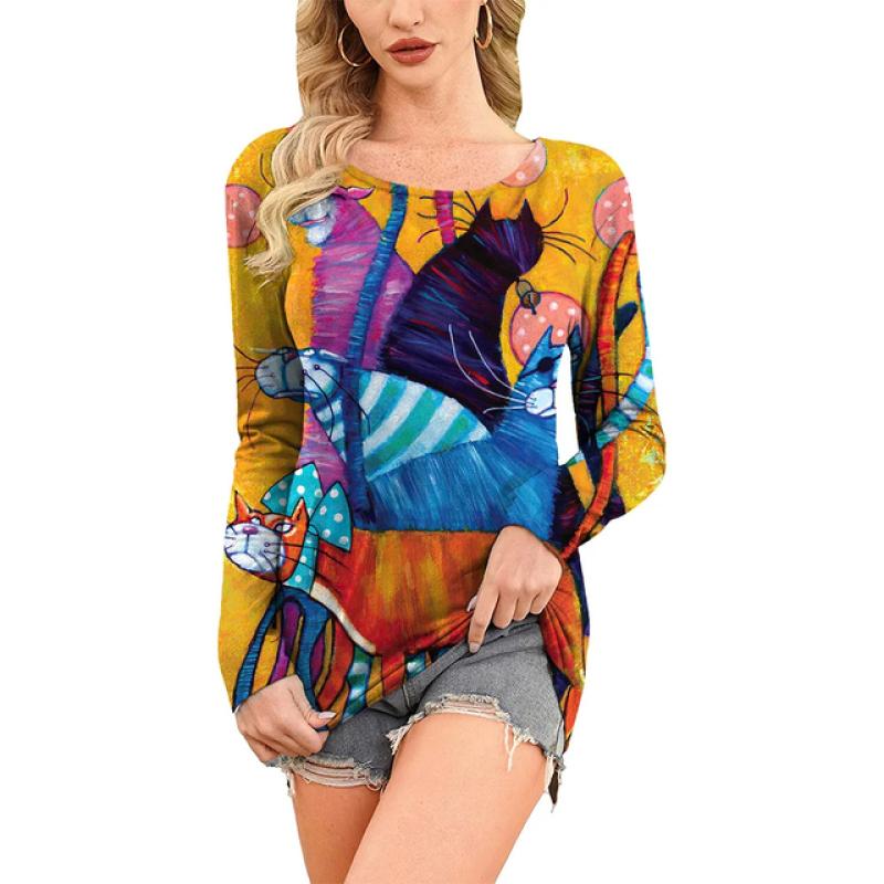 

Новинка 2023 года, женский пуловер с круглым вырезом, футболка с длинными рукавами и 3D принтом черной кошки, мягкая и удобная модная одежда 8XL