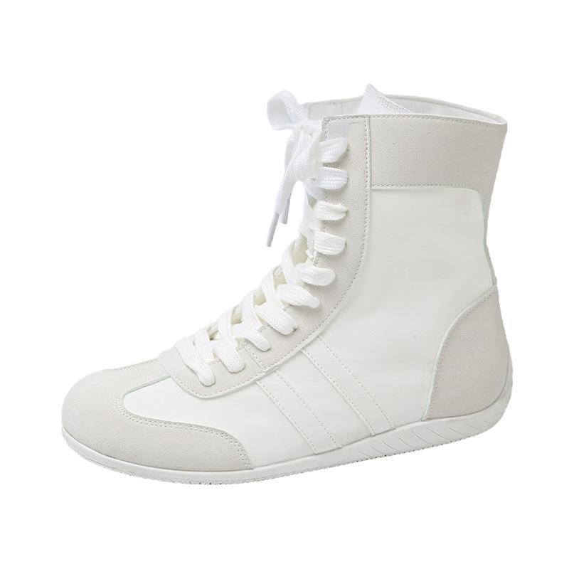 High-top Flat-bottomed Boxing Sneakers for Women's 2025 New Leather Round Head Versatile Casual Shoes Lace-up Martin Boots Tide