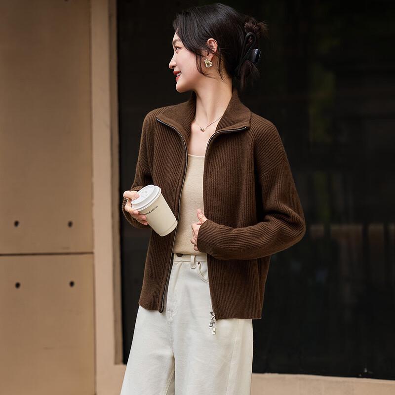 Srcr Damen dicker Reißverschluss-Strickcardigan aus 100 % Wolle