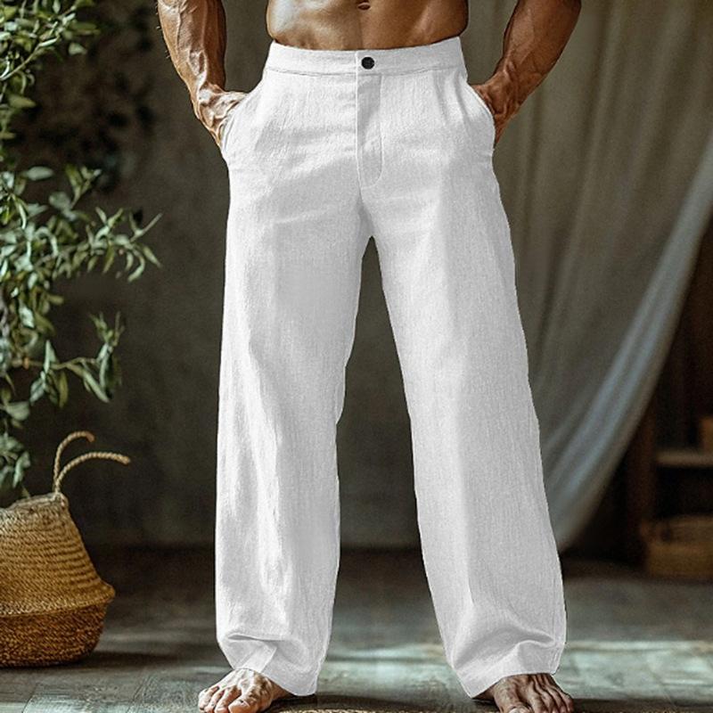 

Men s Linen Summer Beach Trousers Buttoned Slanted Pockets Straight Leg Design Solid Colour Comfortable Breathable Long Trousers S белый
