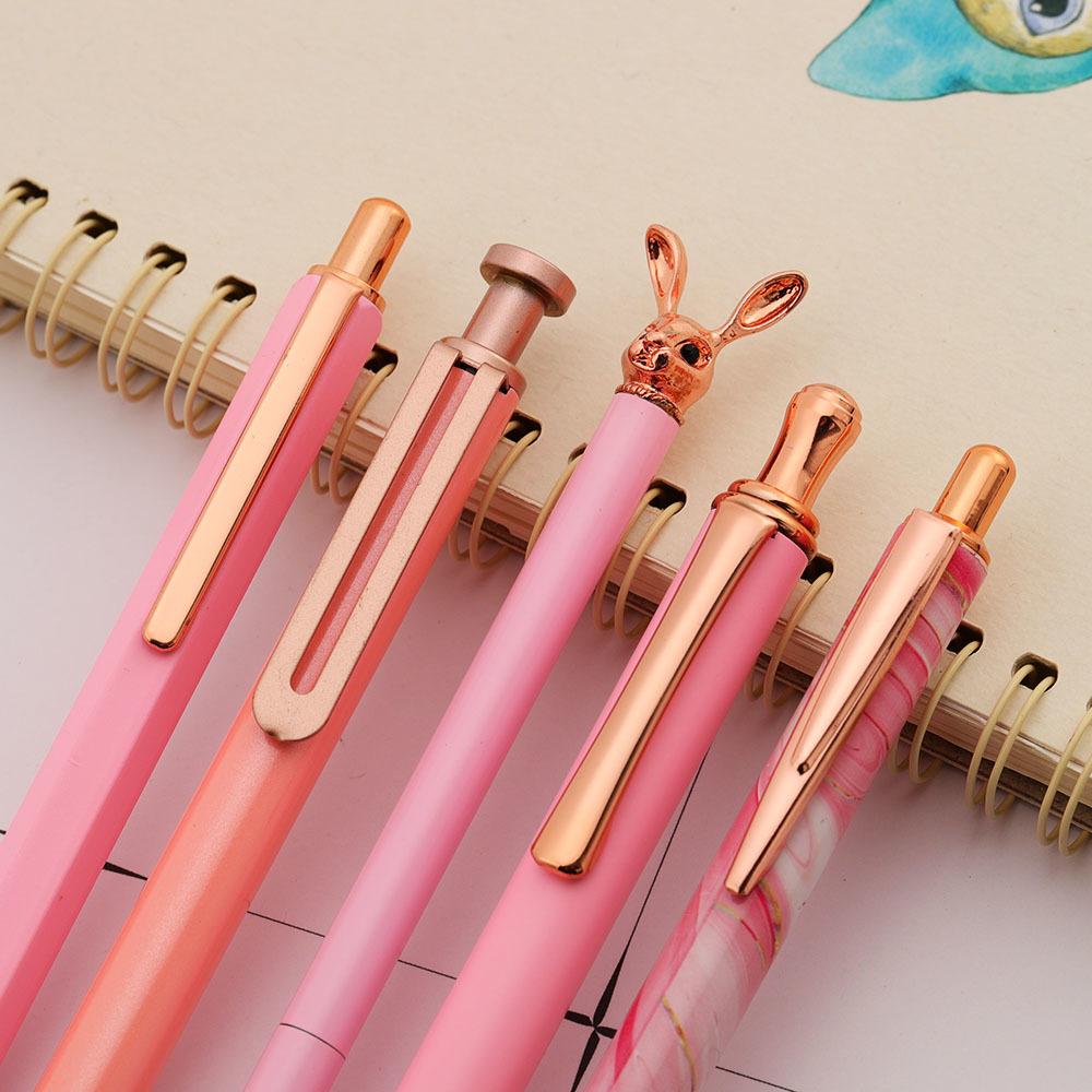 Cute Pink Press Rotate Ballpoint Pen Papetărie din metal Kawaii de lux Rechizite de birou pentru școală 5 bucăți