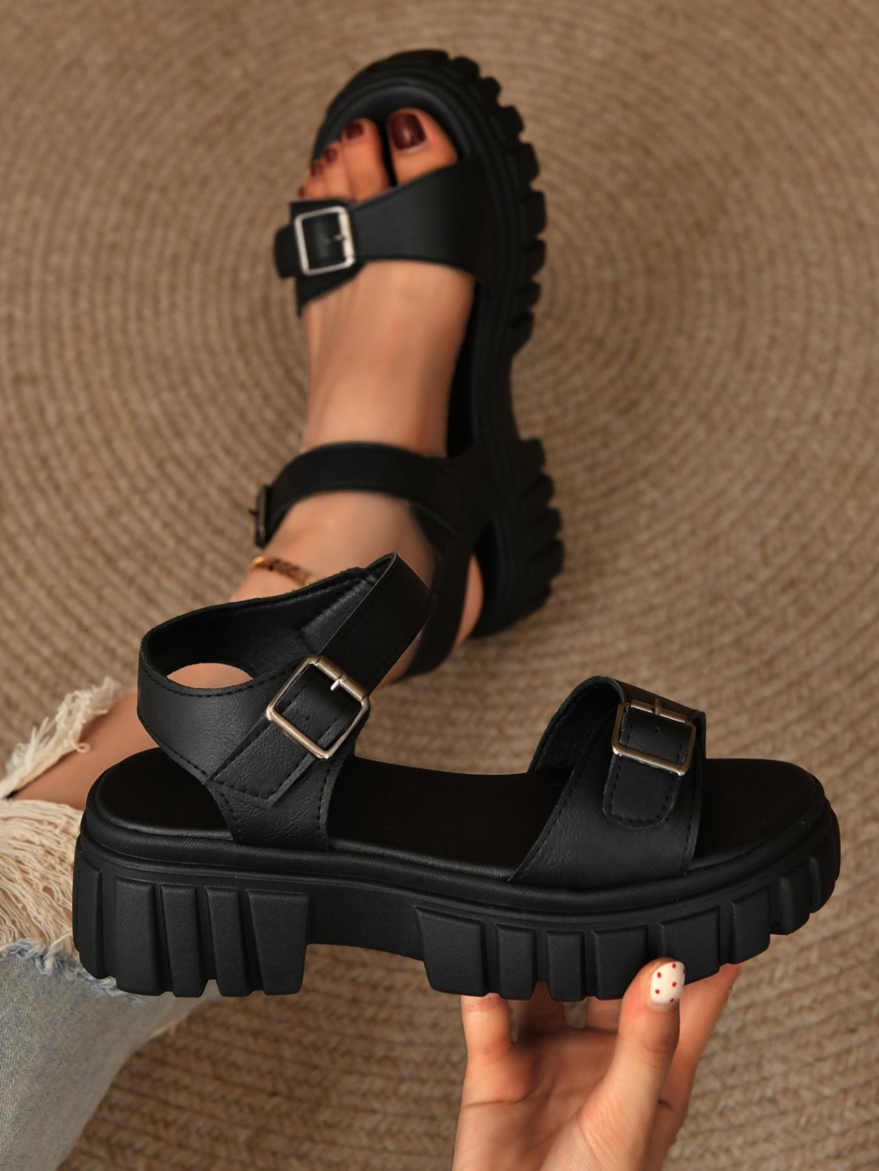 

Мода 2025 Женские сандалии в римском стиле Новые летние уличные на толстом каблуке с пряжкой Однотонные Нескользящие Повседневные Удобные сандалии для женщины 35