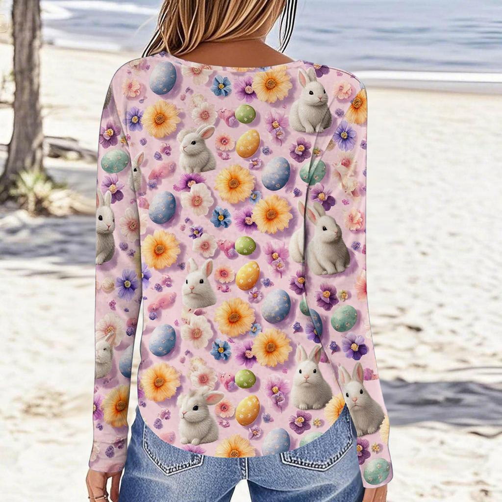 Women's Daily Casual Long Sleeved Easter Printed Round Neck Top