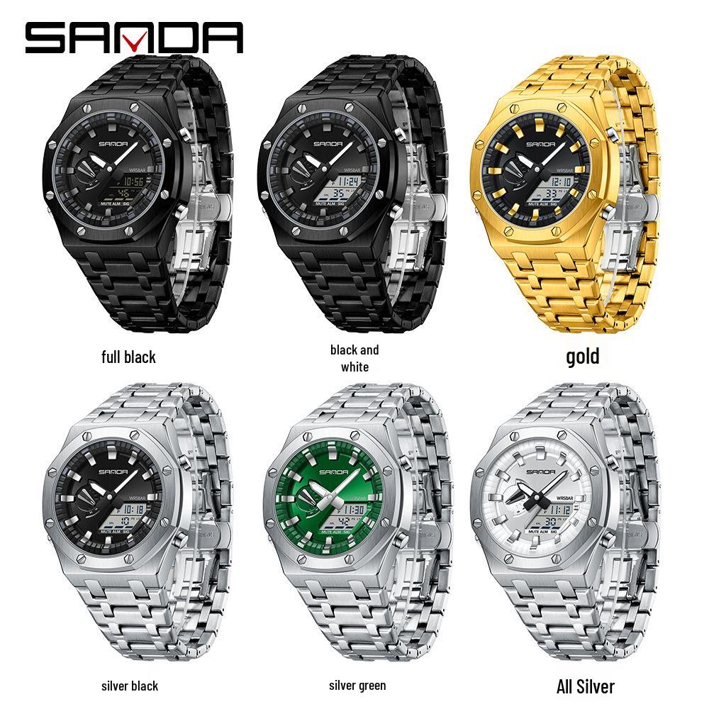Sanda Octagonal Steel Band Multifunctional LED Light Watch for Men - TikTok Trendy Heartbeat Monitor Watch