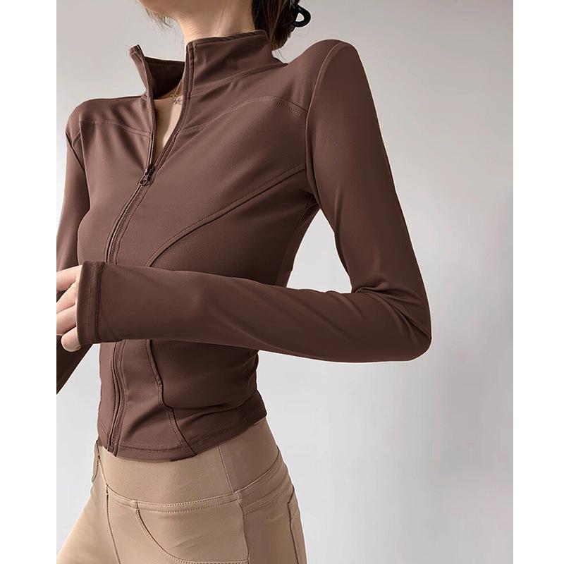 Short Figure Pilates Jacket Women's High Elastic Tight Thumb Sleeves Yoga Long Sleeves Stand-up Neck Zipper Gym Summer