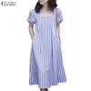 Women Casual Square Collar Loose Short Sleeve Stripe Dress