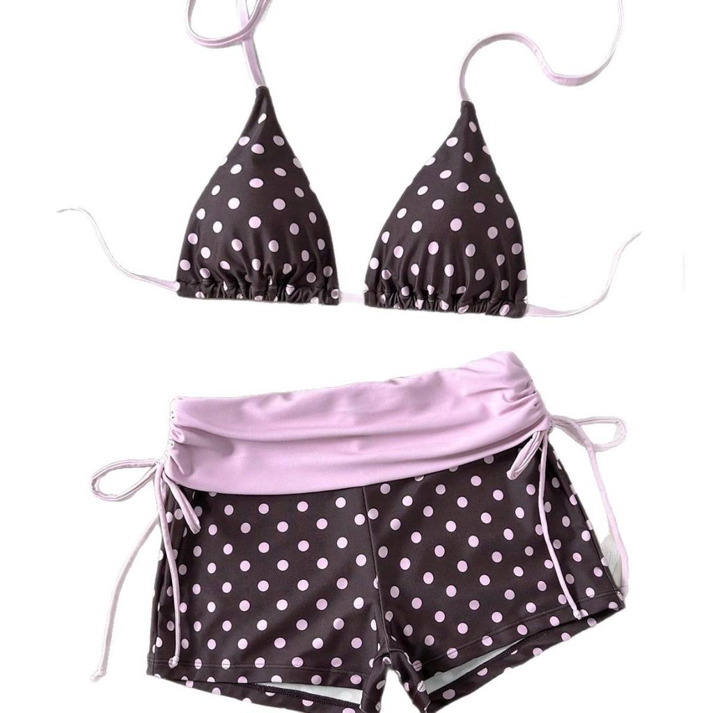 2026 Retro Polka Dot Striped Cross-Strap Bikini with Lace-Up Details