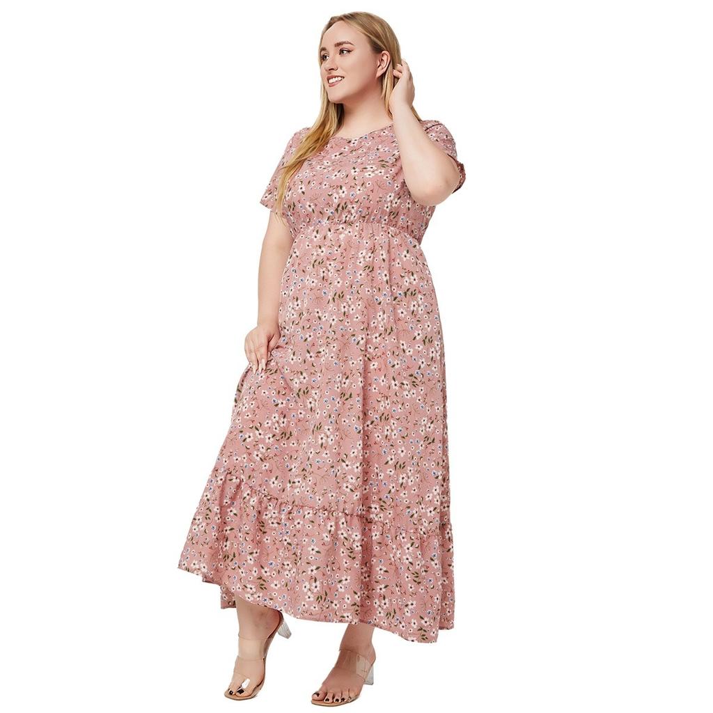 Fashionable and Versatile Plus Size Dress with Short Sleeves and Printed Pocket