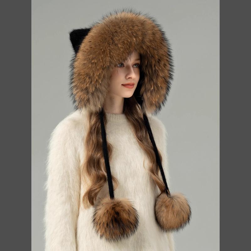 Koreanische Version der neuen Fuchspelzmütze für Damen, Herbst und Winter, niedliche Bärenstrickmütze, warmer Ohrenschutz, Pelzmütze lässt das Gesicht schmaler wirken