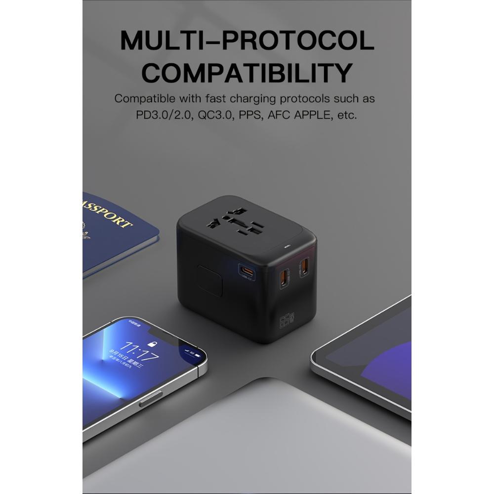 Travel Adapter, 65W Universal Travel Charger for iPhone, Laptop, Type A/C/G/I (US/UK/European Union/Australia)