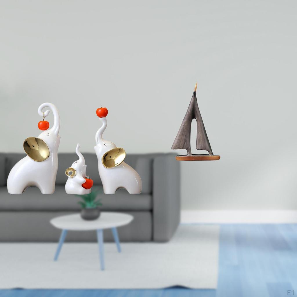 Elephant Family Sculptures And Sailing Boat Statue Decorative Animal Ship Figurines for Desk