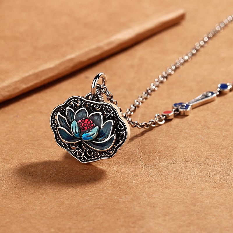 Vintage Enamel Lotus Peace Lock Necklace Ethnic Style Accessories