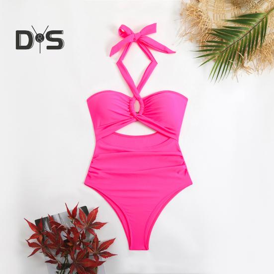 Women Monokini Padded Underwire Solid Color Halter One-Piece Bikini with Hollow Design Beach Vacation Swimwear