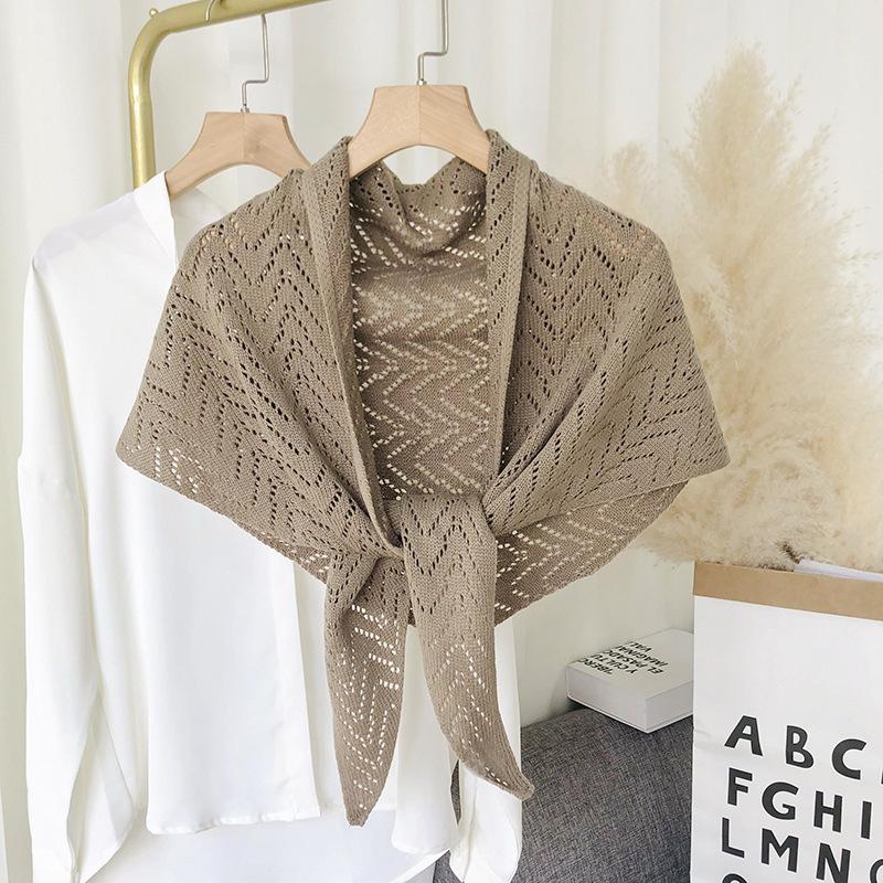 Korean Japanese Style Solid Striped Hollow Large Triangle Scarf For Women