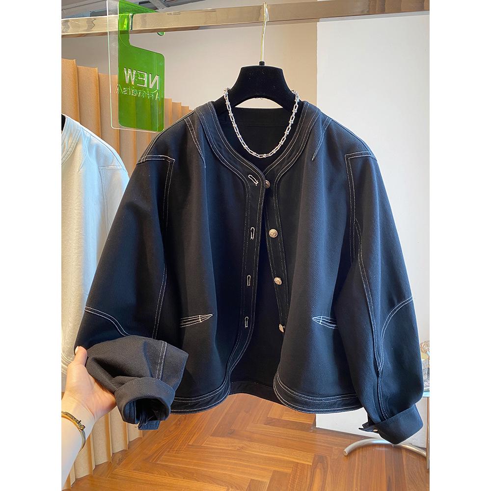 Biała Szeroka Jeansowa Kurtka Damska Sense - Luźna, Bez Kołnierza, Zakrzywiony Detal na Wiosnę i Jesień 2025