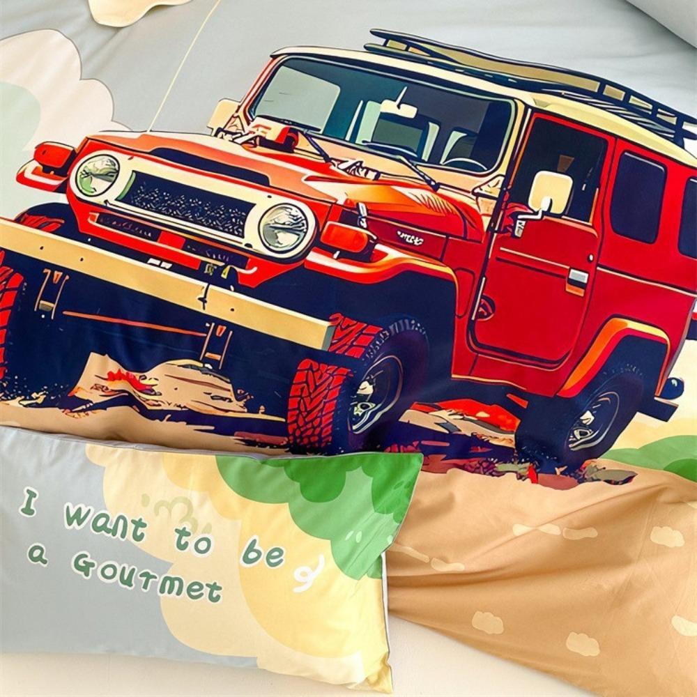 Cartoon Car  Motif,Microfibre Bedding Sets, Children's Bed Decor Duvet Cover for Teenagers Adult 3-Piece  with Zip Room Decor