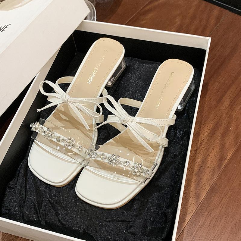 Fashion thick heel cool slippers women's summer wear 2025 new silver sandals bow rhinestone high heels