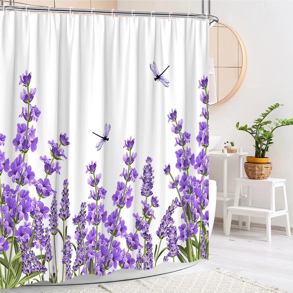 Floral Shower Curtain Purple Lavender Farm Green Leaf Butterfly Rustic Wood Panel Modern Polyester Fabric Bathroom Decor Curtain