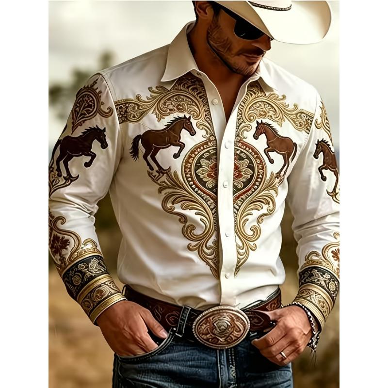 Long Sleeve Shirt, Retro Western Denim Print Long Sleeve Shirt