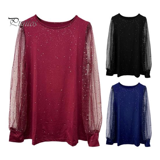 Damen-T-Shirt mit Rundhalsausschnitt, durchsichtig, glitzernd, langärmelig, einfarbig, lockere Passform, lässige Oberteile für den Alltag