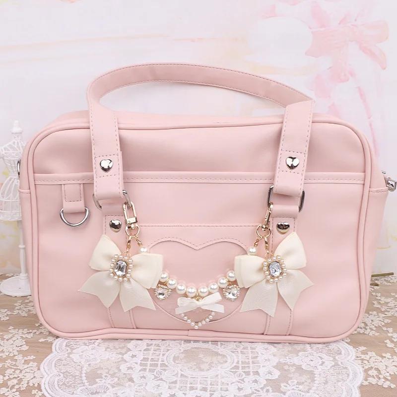 Handmade Bow Pearl Rhinestone Heart Pendant Charm Bag Accessories Japanese Sweet Lolita Style DIY Bag Chain Decoration