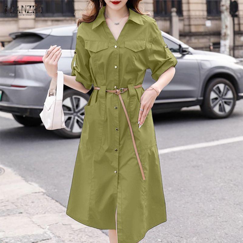 ZANZEA Damen Freizeit Umlegekragen Locker Halbarm Hemdkleid