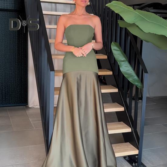 Women's Strapless Tube Top Maxi Dress Off Shoulder Patchwork Evening Dress Satin Bodycon Long Dress for Cocktail Party Wedding