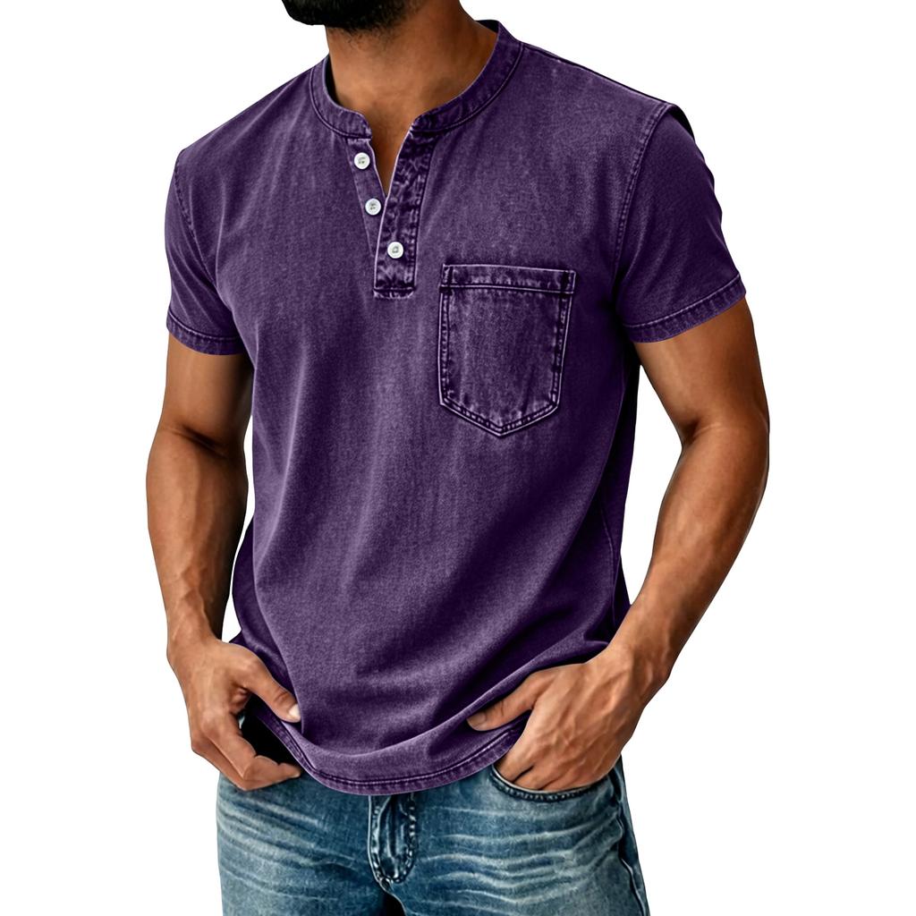 Men Henley Neck Short Sleeve T Shirt with Chest Pocket Casual Fit Button Down Design for Daily Wear
