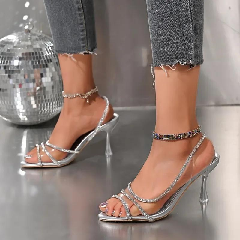 Ladies Shoes 2025 New Pointed Toe Elegant Modern Women's Sandals Classics Crystal Open Toe Slip on Thin Heel Party Dress Sandals